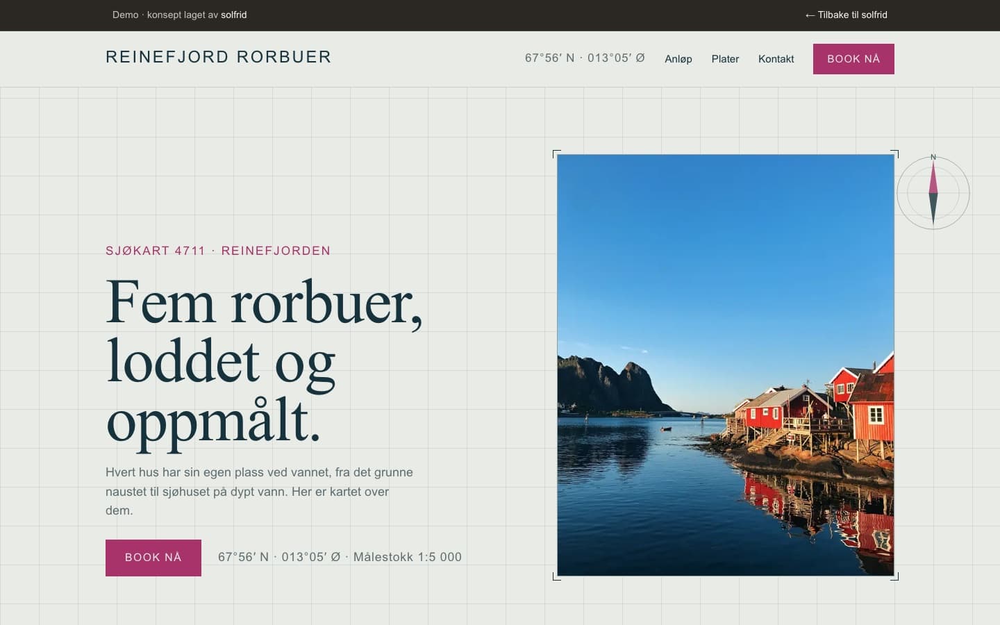 Rorbu ved fjorden, uttrykket Sjøkart.
